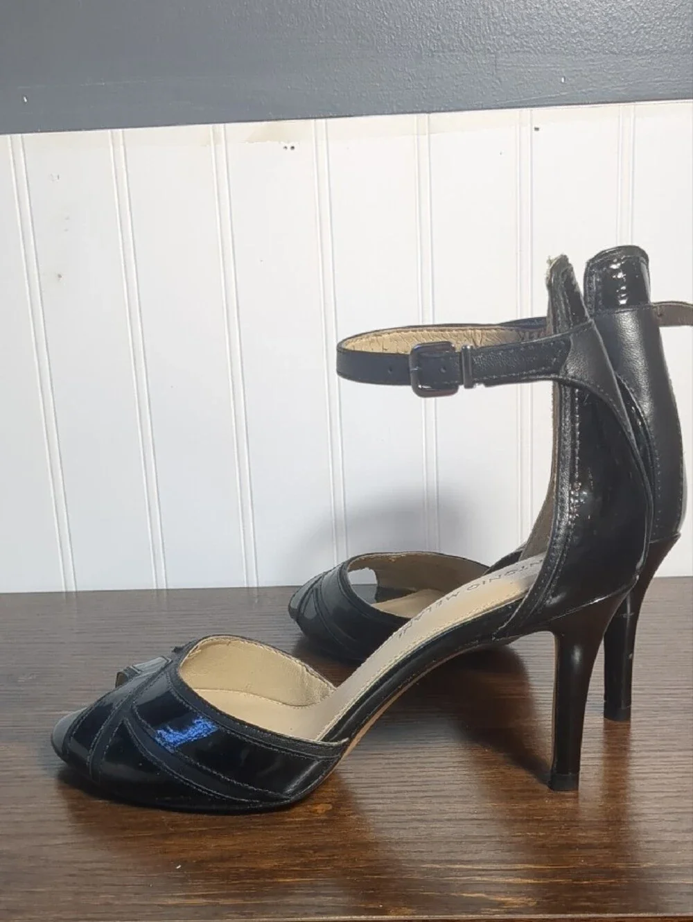 Antonio Melani Black Patent Leather Art Deco Peep Toe Ankle Strap Heels, SZ 6